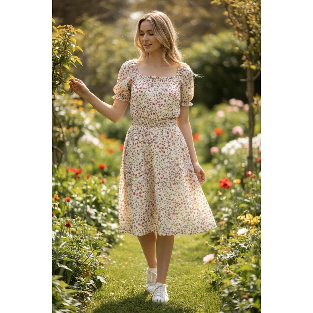 Siren Lily Ditzy Floral A-linen Dress Size PM Cottage Core Bohemian Puff Sleeve